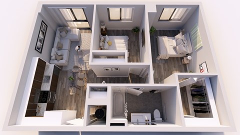 Floor plan for 2 beds, 1 bath, 851 sqft